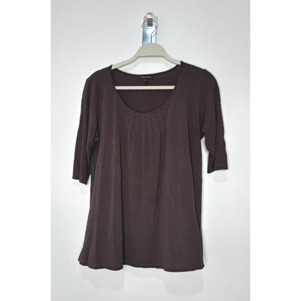 Eileen Fisher Women Large‎ Brown 100% Silk Pintuck Pleated Scoop Neck Top L